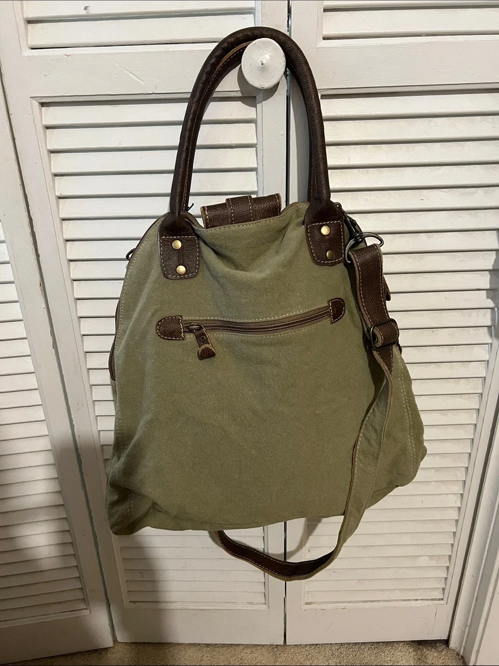 Canvas Messenger Bag in Olive Green with Brown Trim - Myra Bag